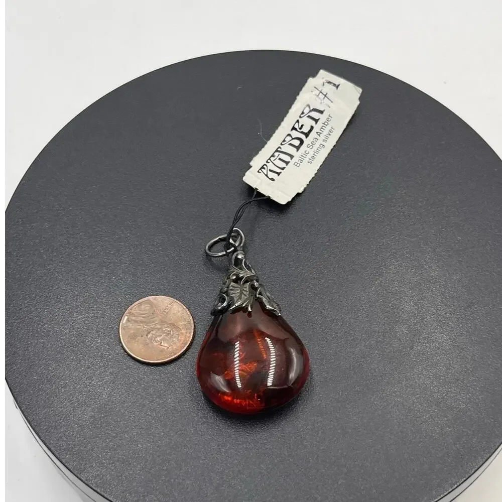 Genuine Dark Baltic Sea Amber Sterling Silver Teardrop Healing Stone Pendant‎
